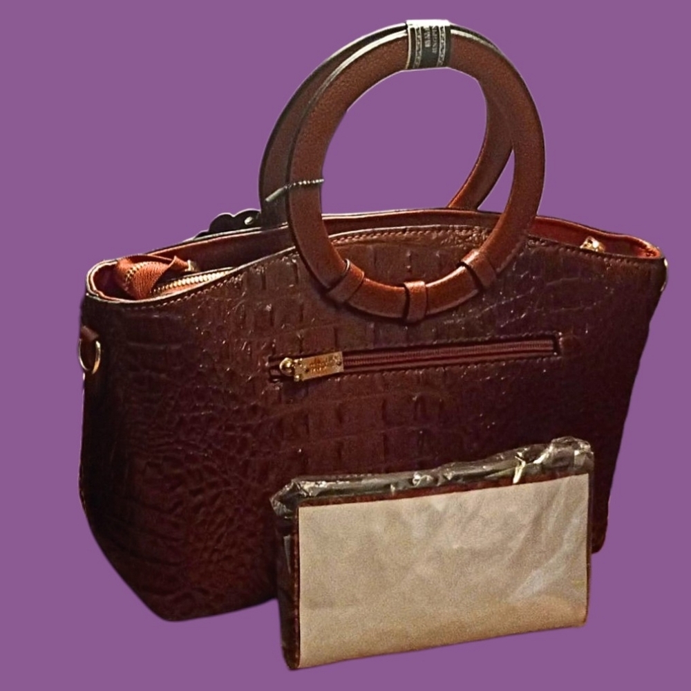 Elegant Dark Honey Brown Crocodile Embossed Handbag Wallet Set